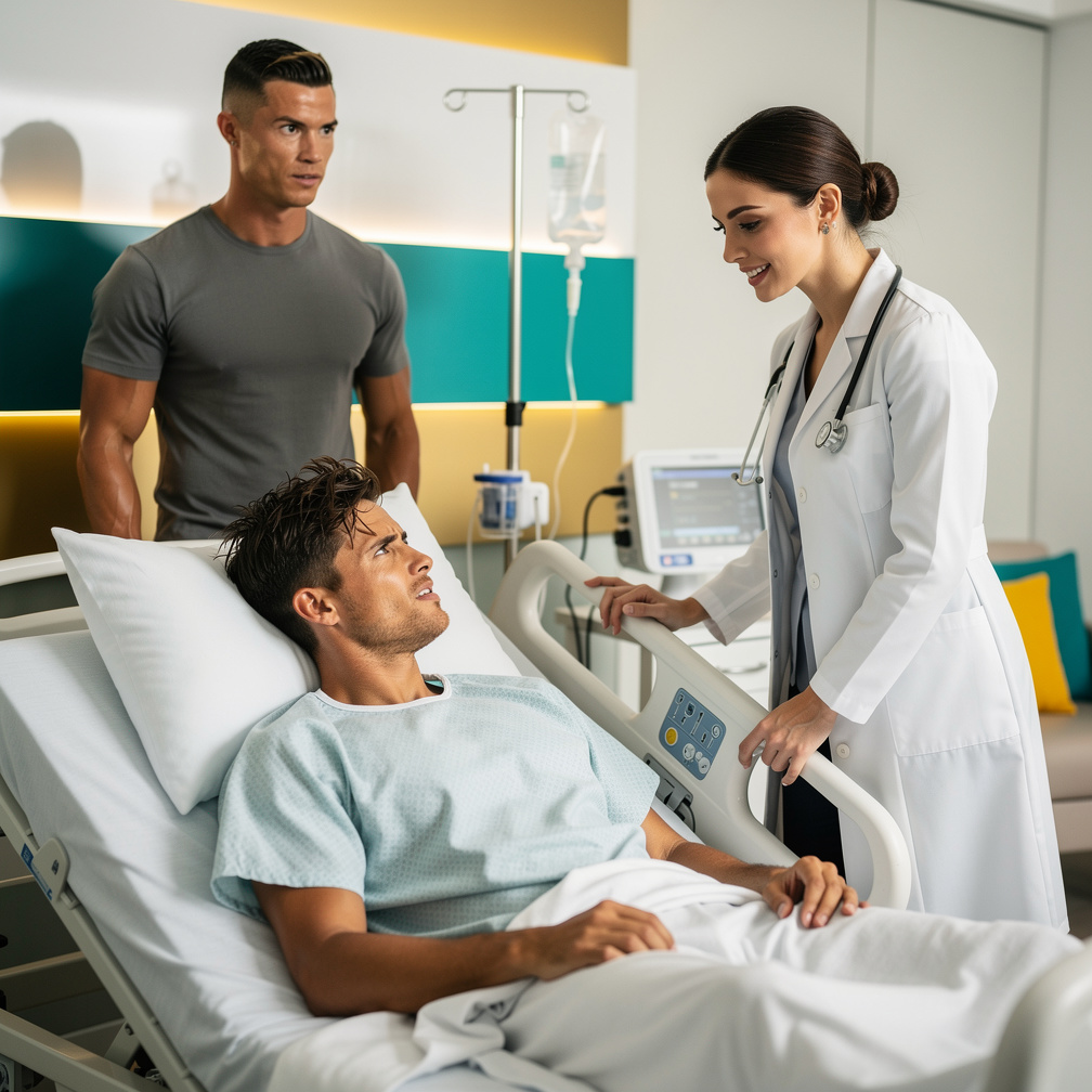 The mafia man gazes at the doctor, his piercing eyes narrowing slightly as he winces in pain, while Ronaldo looks on curiousl