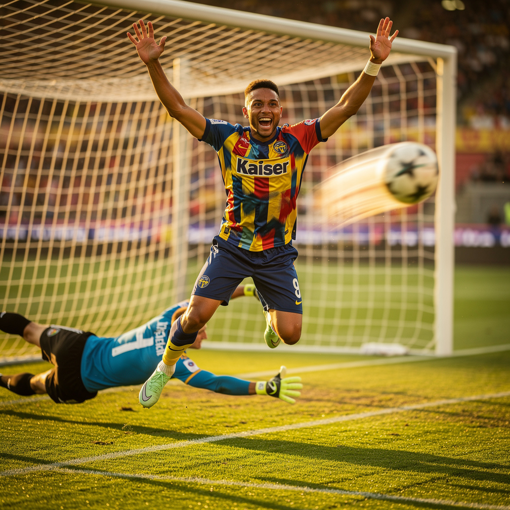 A bola voa em direção ao gol, o goleiro adversário se estica, mas Nasa já comemora, certo de que marcou o gol.