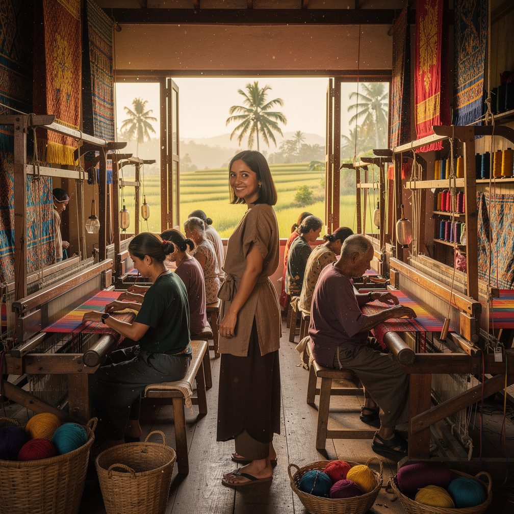 They worked at wooden looms, their skilled hands moving in unison as they crafted vibrant fabrics, filling the air with a soo