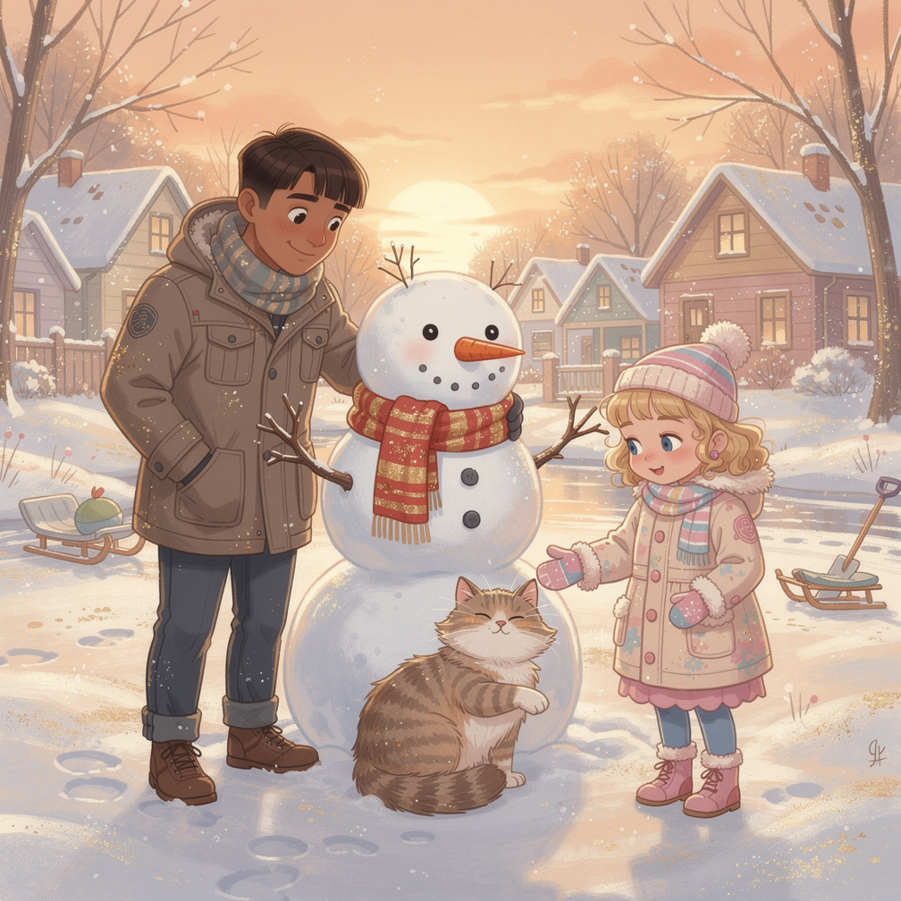 As the sun set, Kitty purrs, feeling warm and loved, beside the snowman.
