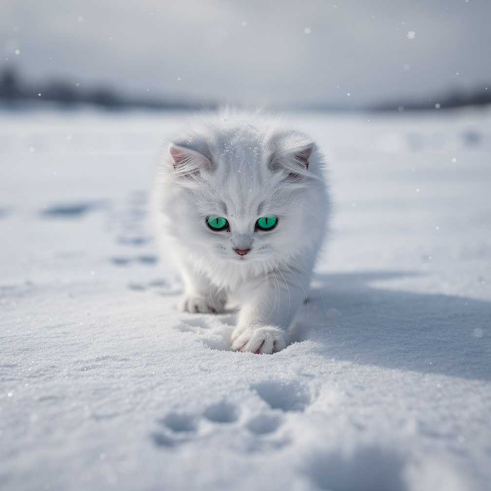 Kitty's little paws leave deep prints in the fresh snow.