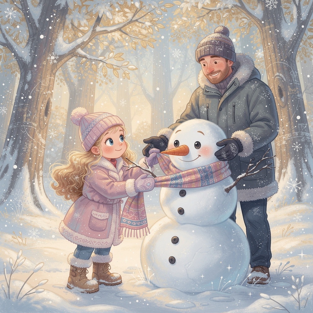 The girl's eyes sparkled as Dad handed her a scarf to wrap around the snowman.