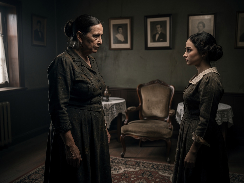 Imagina si: 👩 Pascuala (la madre)
Edad: 40–50 años
Rostro: serio, ojeras marcadas (cansancio y tristeza)
Cabello: oscuro, rec