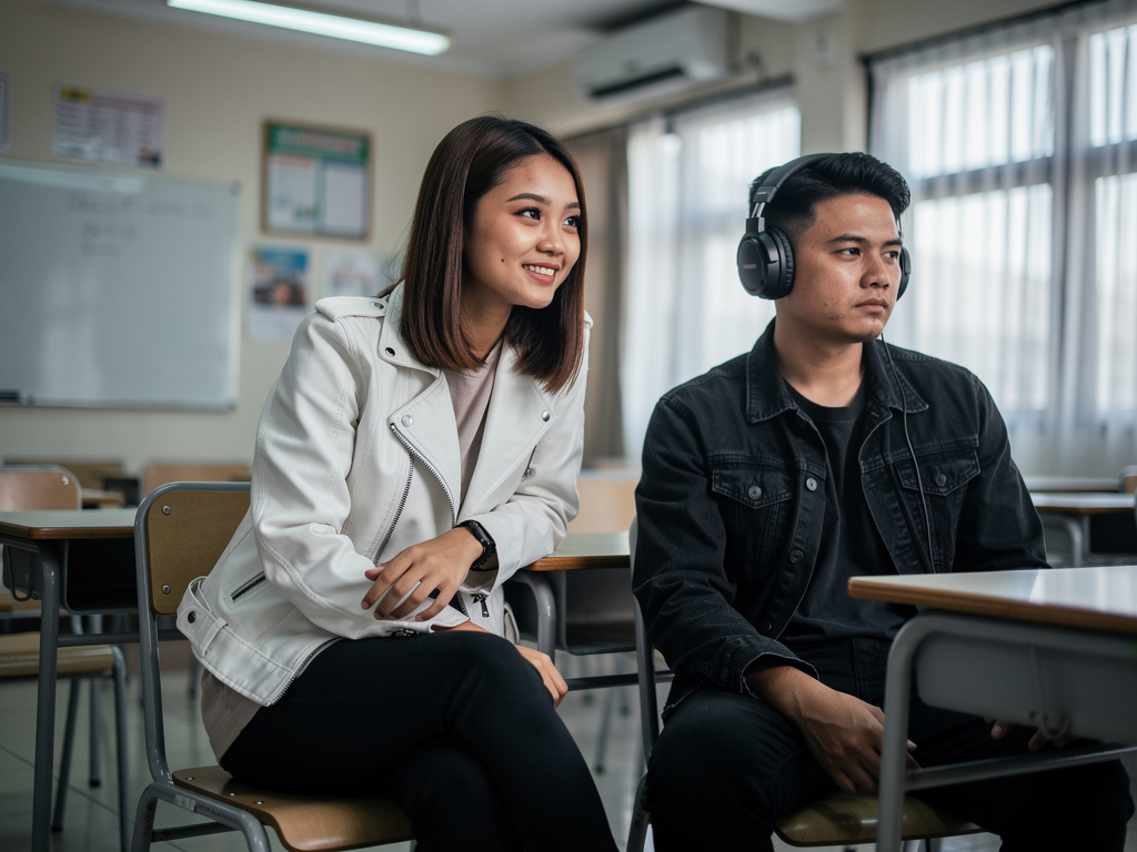 Namun, ternyata di sampingnya adalah cowok yang memakai headset dengan gaya santai dan cool, memakai jaket denim hitam, paras