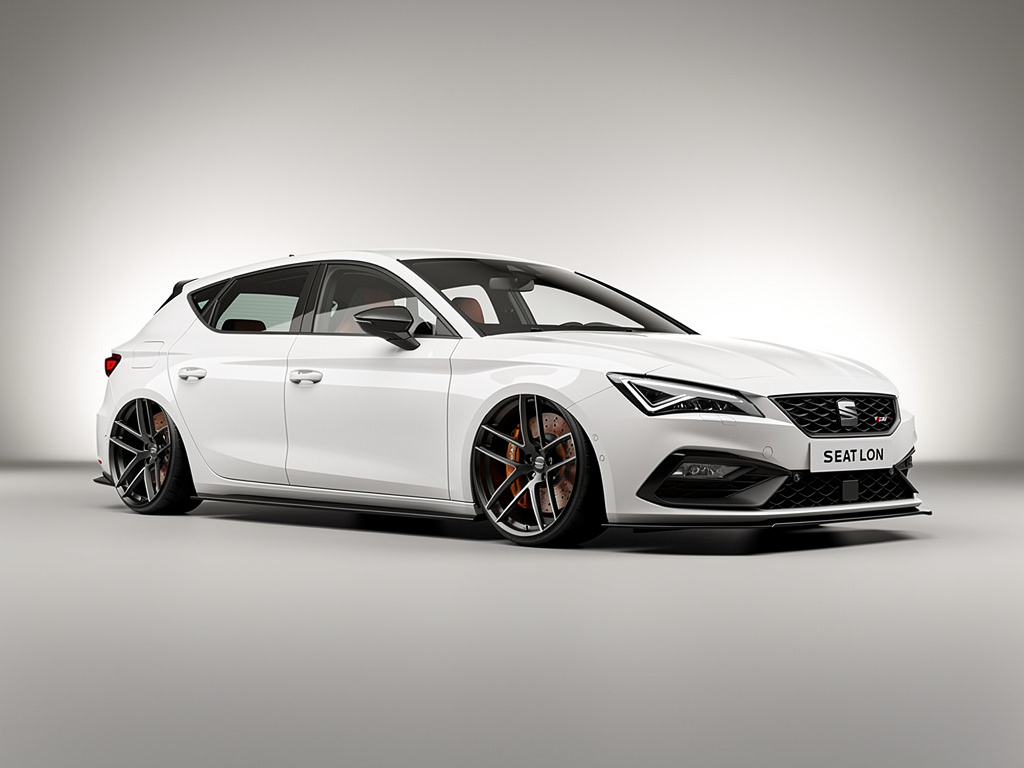 Imagine se: gera um SEAT Leon 2020 branco rebaixado com jantes 19” gunmetal 5 raios grossos, pinças de cobre e logos pretos.
