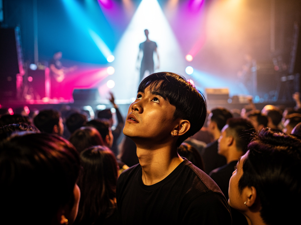 He’s standing at the center of the stage, looking down at the crowd.
And somehow… it feels like he’s looking straight at me.
