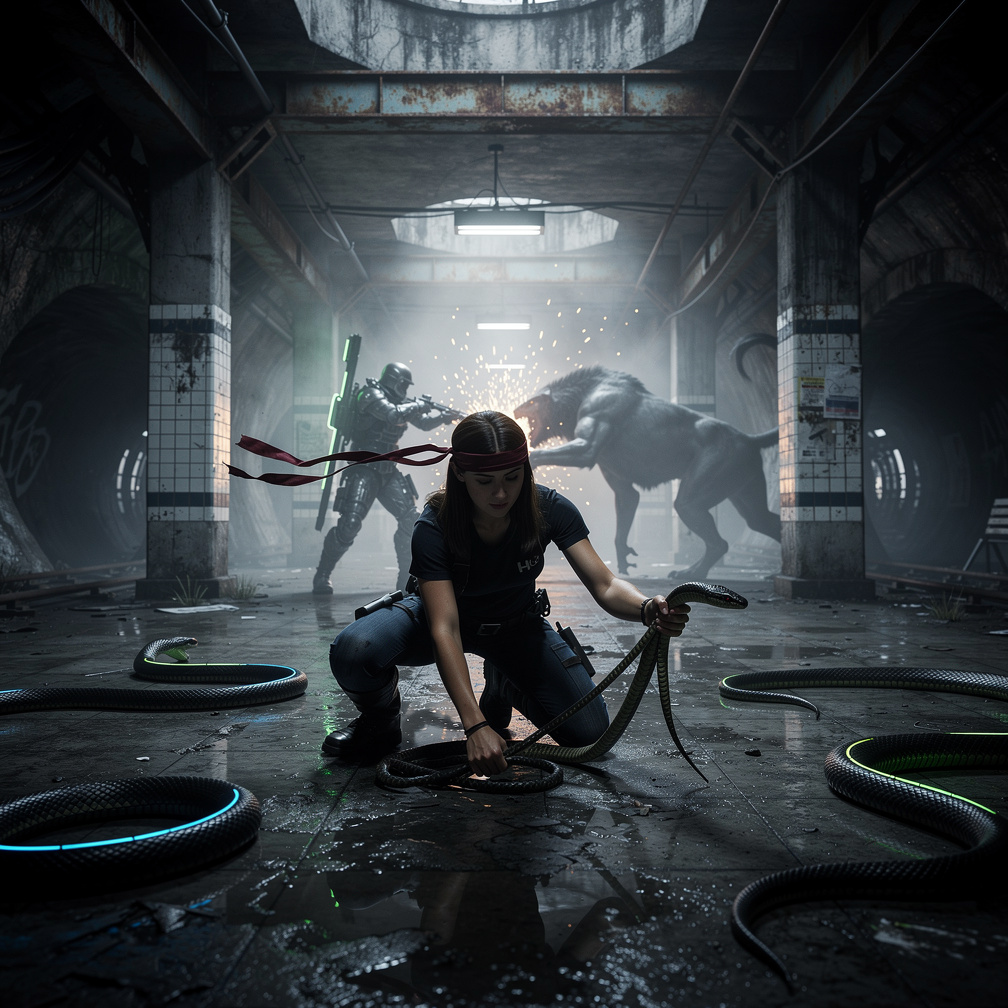 E aí a guerreira ataca o bicho e você entra e cai perto de várias serpentes, se você não tem ação, pega o pano que tava amarr