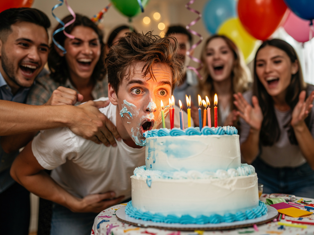 Imagina si: El día de mi cumpleaños mis amigos se llevan pesado conmigo y me empujan al pastel.