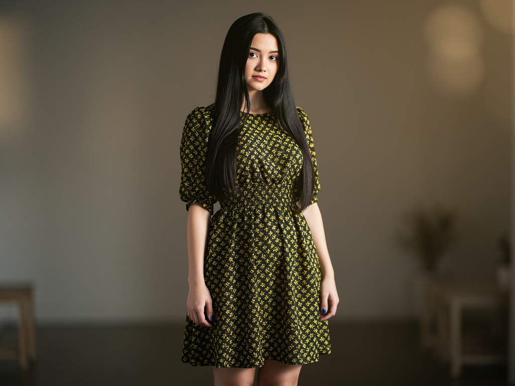 Imagina si: Una joven mujer de 19 años, con un vestido negro con flores amarillas, cabello largo negro, ojos grises tiernos y
