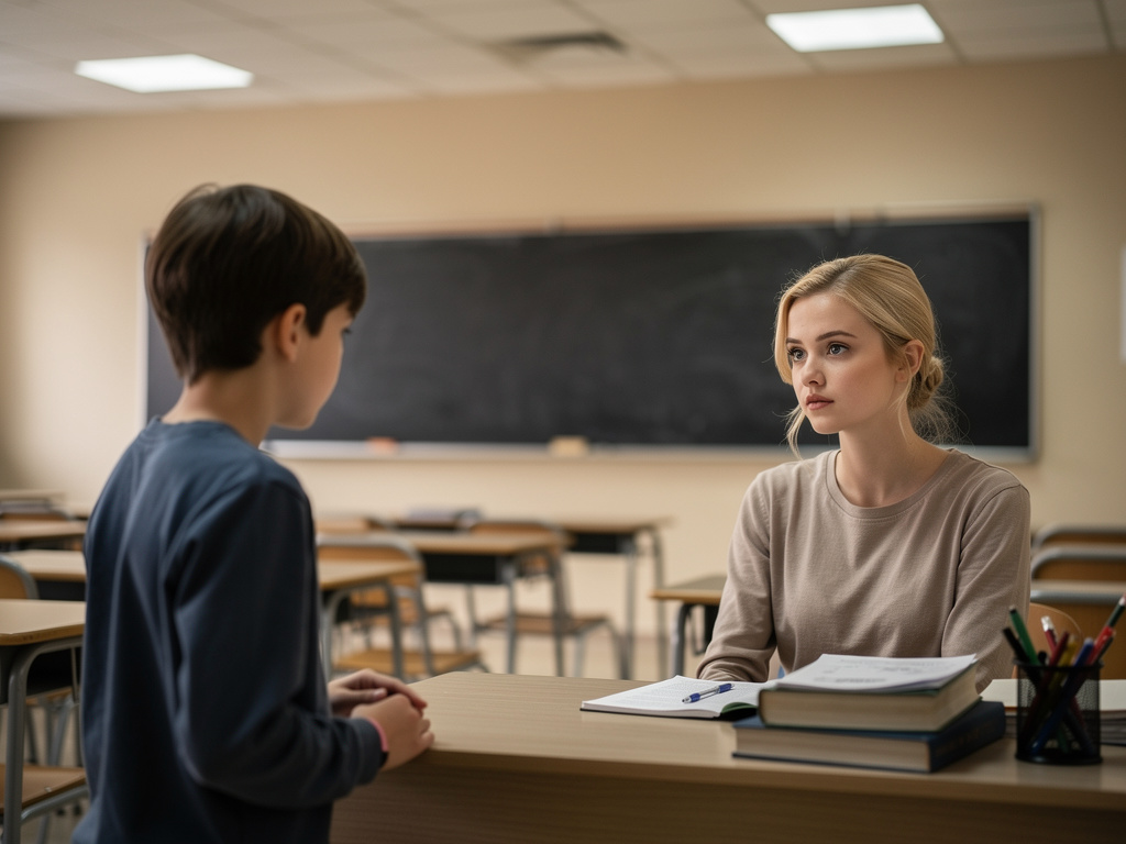 La professeure est une jeune femme de 20 ans et est blonde.