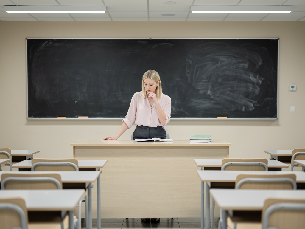 L'enseignante se mord la finger, se dit à elle-même.