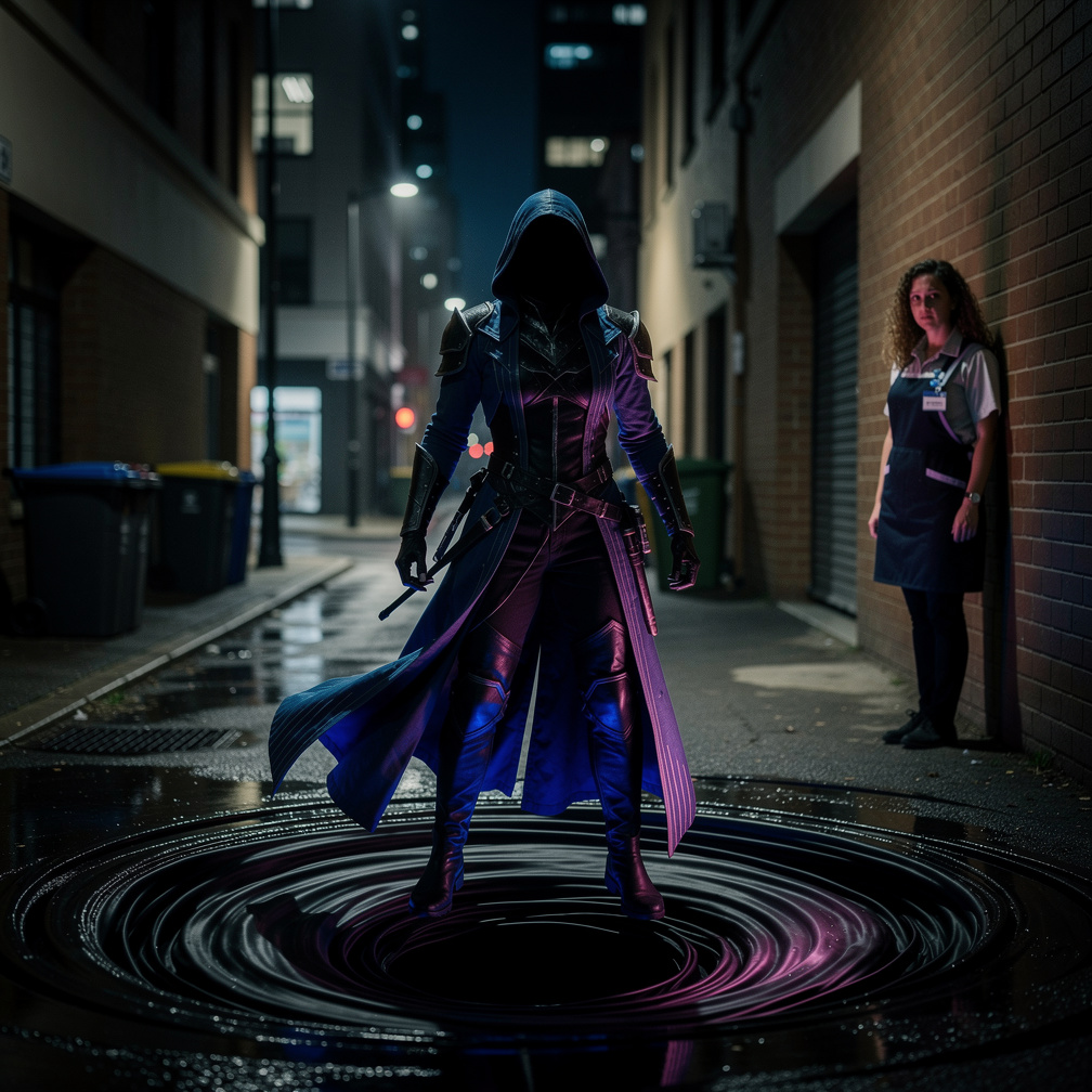 uma pessoa misteriosa com um traje azul e roxo sai de um buraco negro acabando o primeiro episódio.