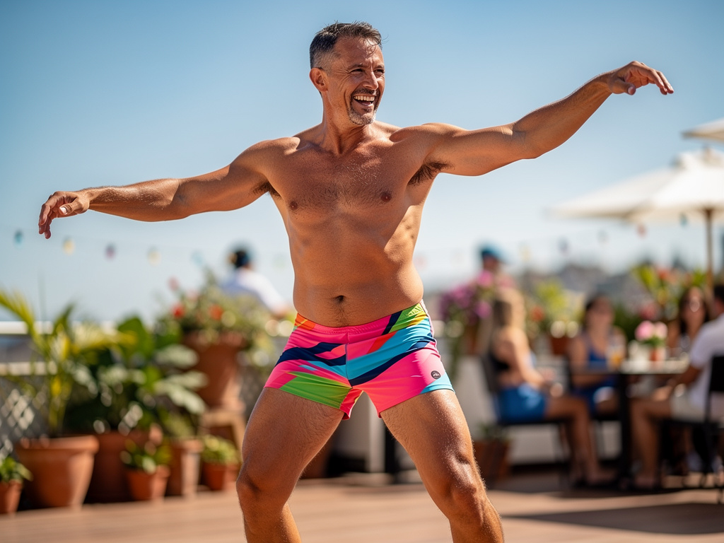 Brook monk in a very short swim suit and dancing.