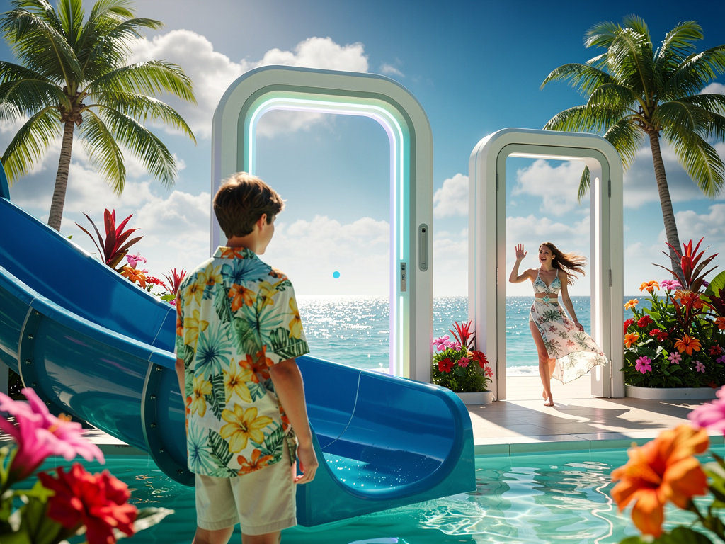 and then, you found yourself wearing Summer Hawaiian Clothing, , and found out that there is another door, and your Crush com