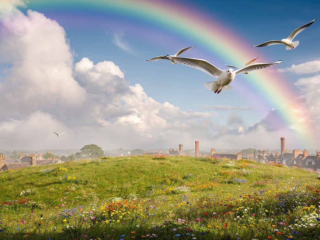 Singing... Somewhere.... way over the rainbow...
Seagulls fly...., and dreams that you dream of...
can become true...
