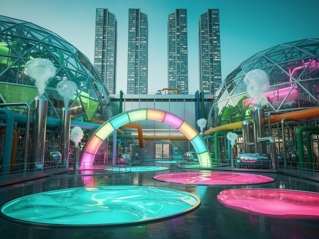 Imagine if: You found a twin-domed Frutiger Aero mega-complex. Two glowing geodesic glass domes flank a chrome factory backdr