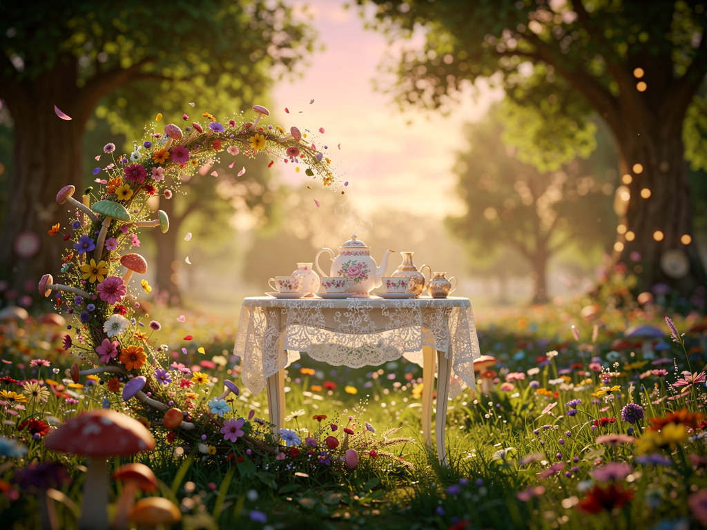 Incuriosita, Alice lo seguì
giù per una voragine di fiori colorati e funghi brillanti. Giunta a un luogo incantato,
incontrò 