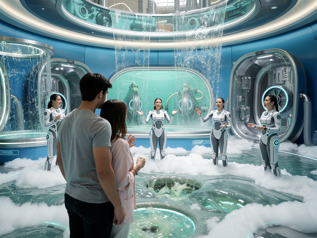the staff tells them that this Secret Area hides behind blue walls, waterfalls and thick foam. Inside lies a Wet Maze of slim