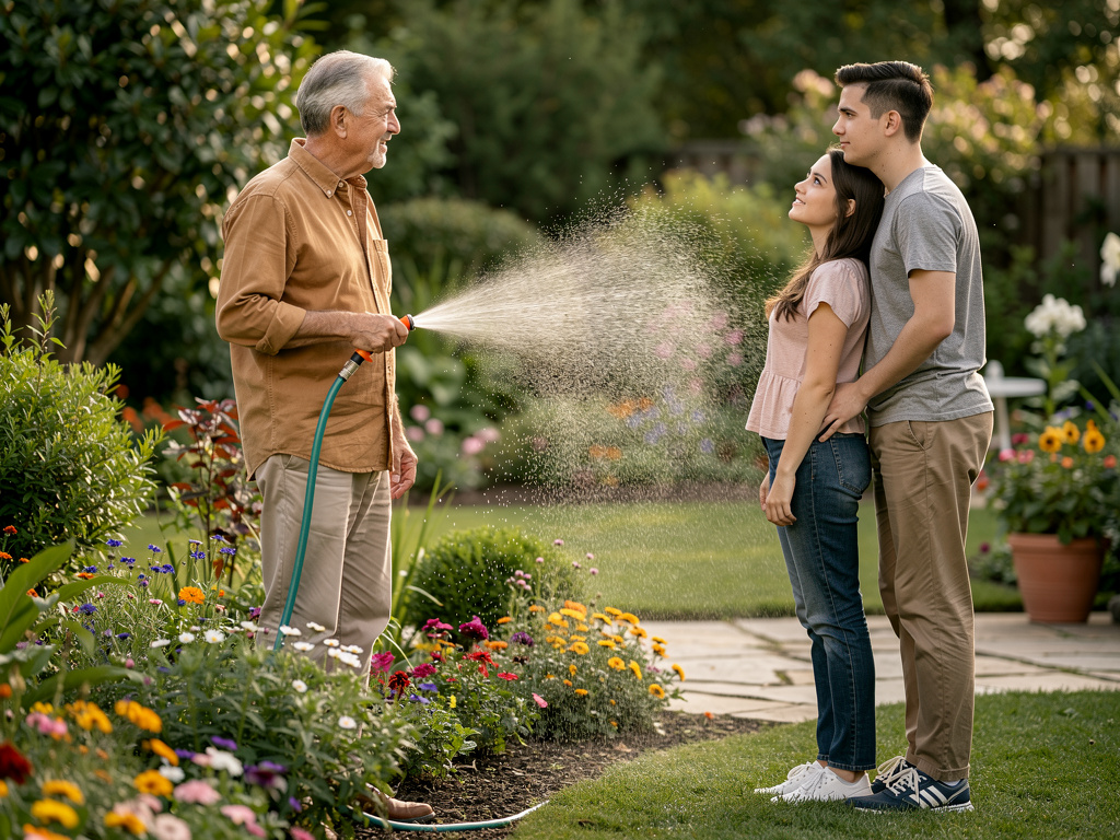 her father is watering the plants and the garden, seeing that her daughter, brings home a man, he just said to himself, my gi