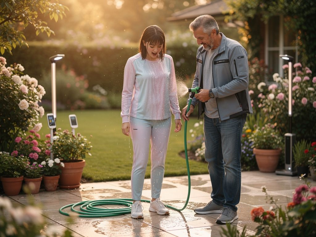 DAD, The hose ! we are now wet !!." says the daughter.
" Oh, Sorry " says the father.