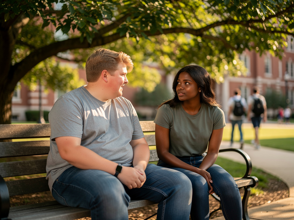 تخيل لو: شاب أشقر بسمنة خفيفة مع شابة سمراء قليلاً على مقعد في الجامعة.
