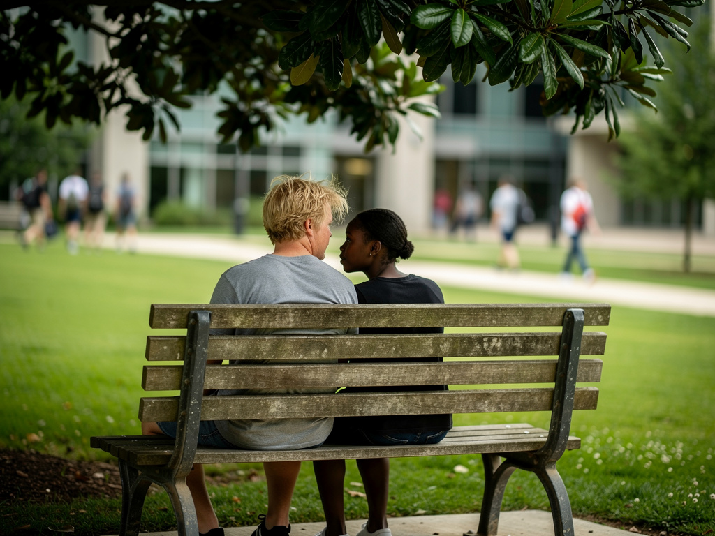 تخيل لو: شاب أشقر بسمنة خفيفة مع شابة سمراء قليلاً على مقعد في الجامعة.