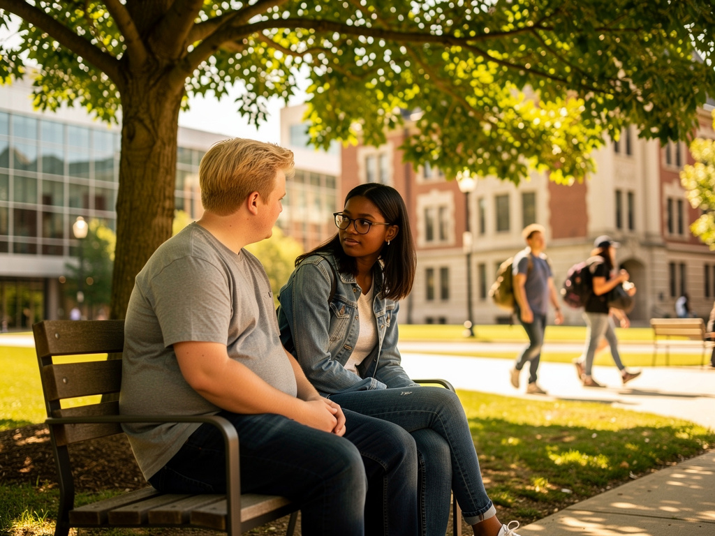 شاب أشقر بسمنة خفيفة مع شابة سمراء قليلاً  و جميلة وتلبس نظارة على مقعد في الجامعة