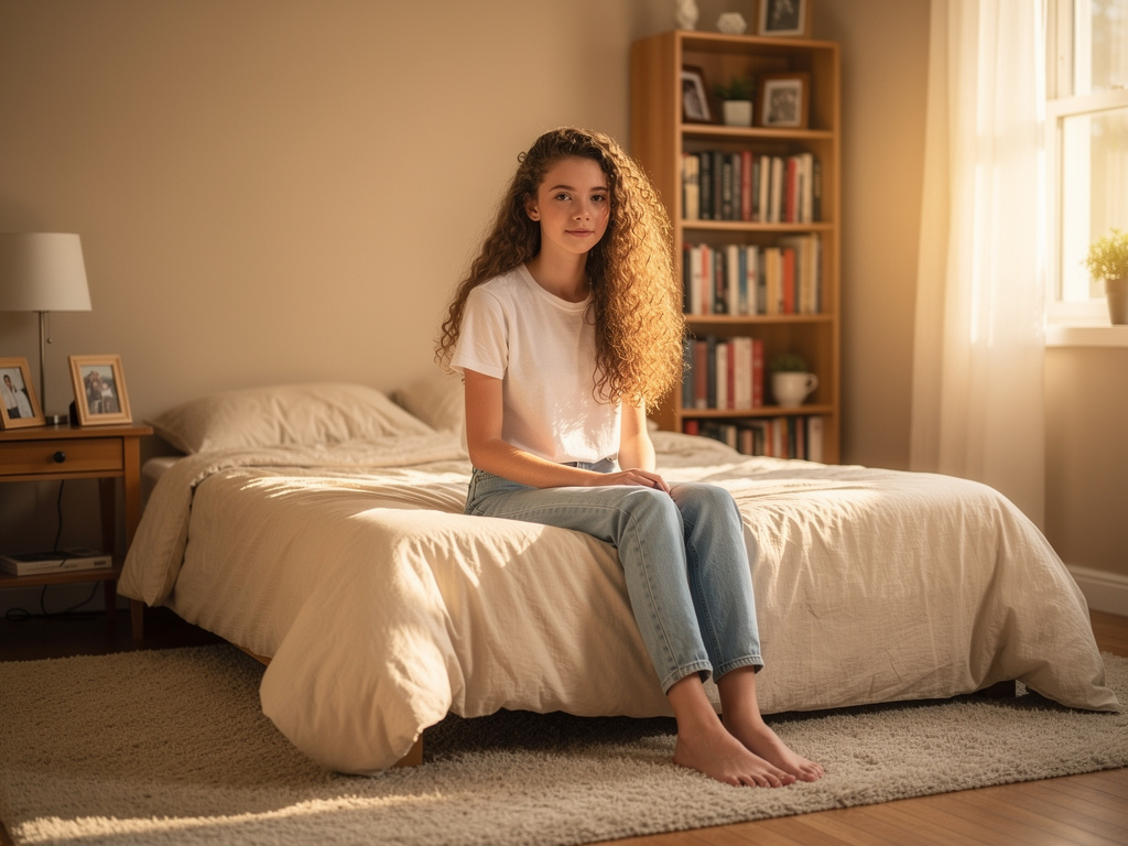 Imagine if: Create a girl sitting on a bed in this room, a realistic illustration.