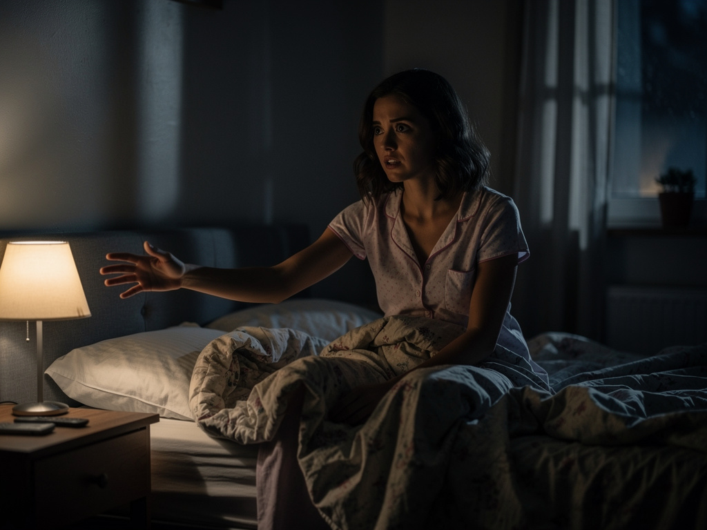 الصوت جاء من… داخل غرفتها.
ابتلعت ريقها بصعوبة، ومدت يدها نحو المصباح، لكنها توقفت فجأة…
لأنها رأت شيئًا.