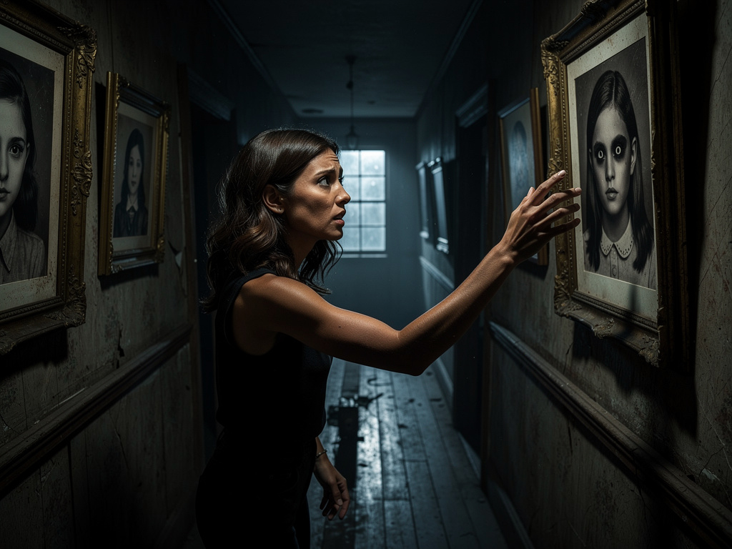 المنزل… لم يكن كما تعرفه.
الممر طويل أكثر من اللازم… والجدران مليئة بصور لم ترها من قبل.
اقتربت من إحدى الصور.
فتاة… تشبهها ت