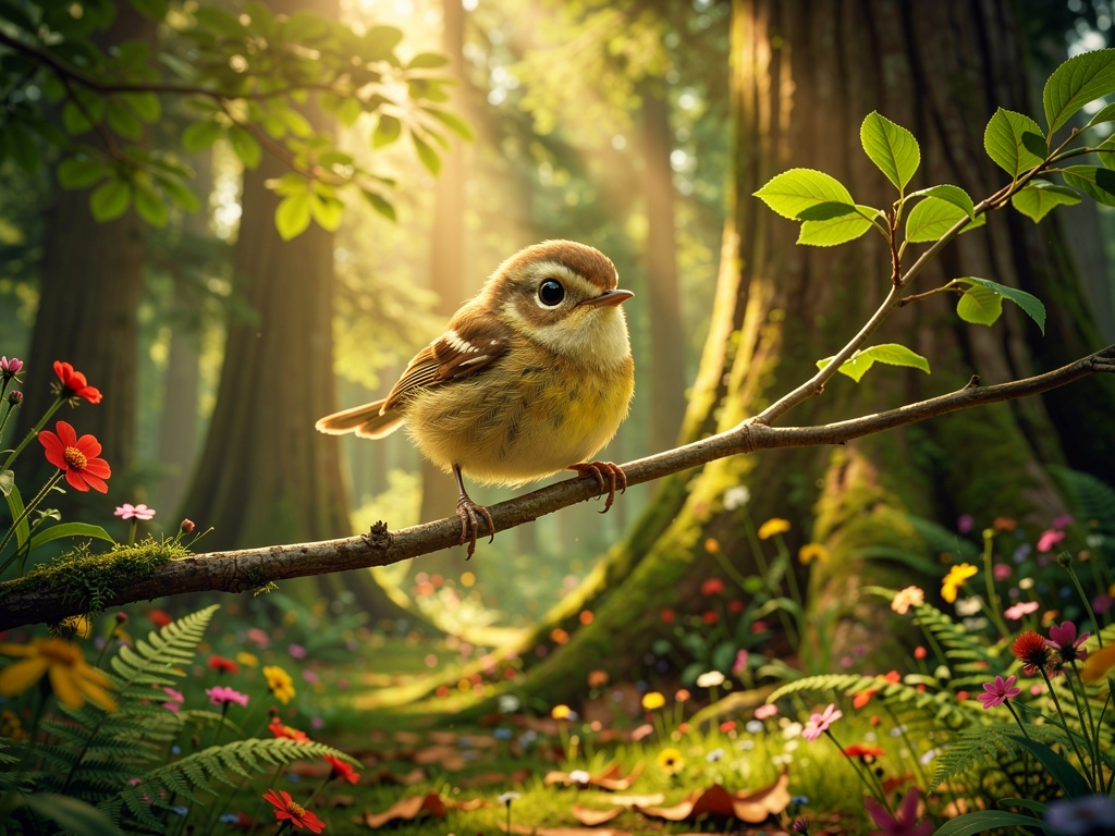 Once upon a time, there was a little bird named Pip. Pip was smaller than all the other birds and was afraid to fly far from 