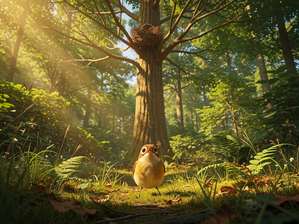 One day, a strong wind shook the tree, and Pip fell onto a soft patch of grass below. Pip looked up and felt scared. “How wil