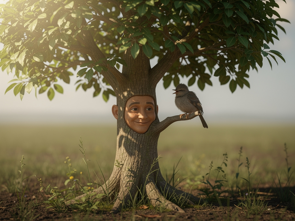 One day, a tired bird came and sat on his branch.
“Thank you for letting me rest,” said the bird.