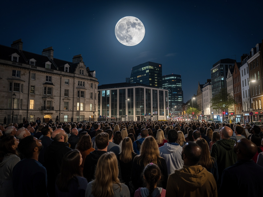 At night in London. It's a ritual they look at the full moon. Everyone comes outside, they brace it, feeling this strange ene