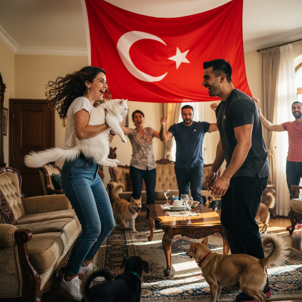 Bir kişi Türk bayrağını açıp evde koşmaya başladı ve herkes coşkulanladı.