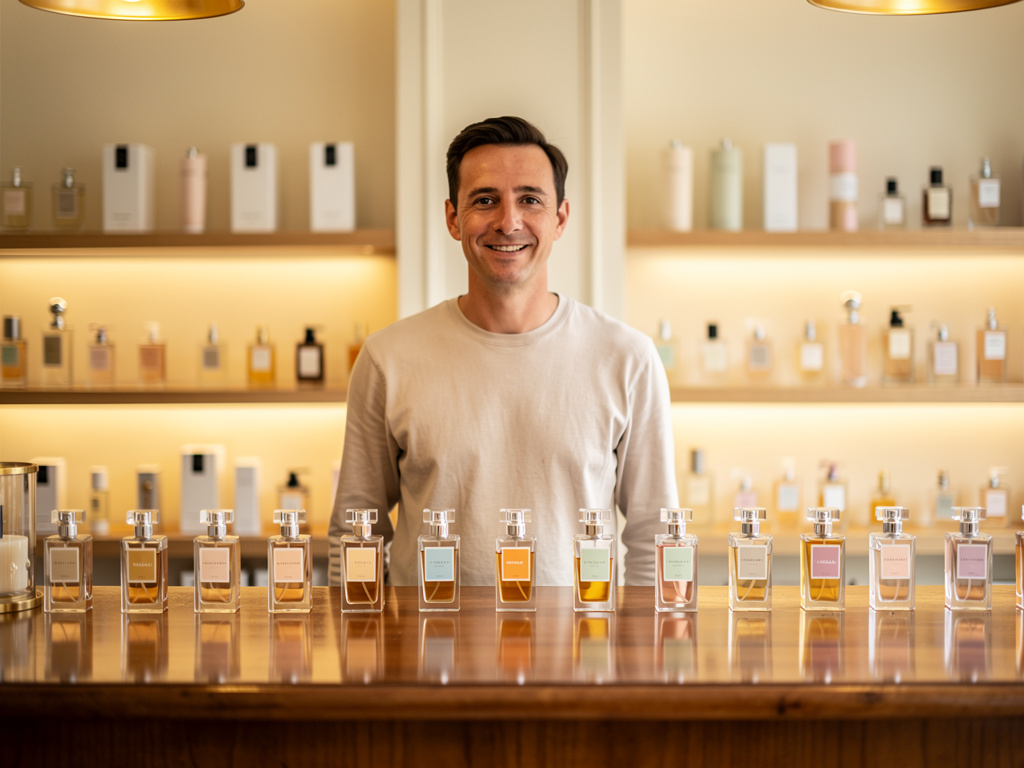 Imagine if: We have innovative perfumes, you should try them," says the man standing in the shop selling perfumes to customer