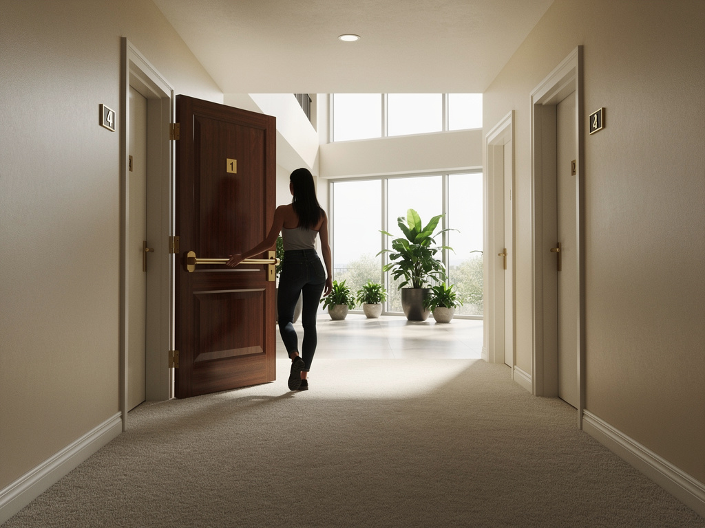 Bayangkan jika: Karakter game wanita cantik di dalam apartemen pergi ke lorong apartemen keluar dari lobi depan pintu apartem