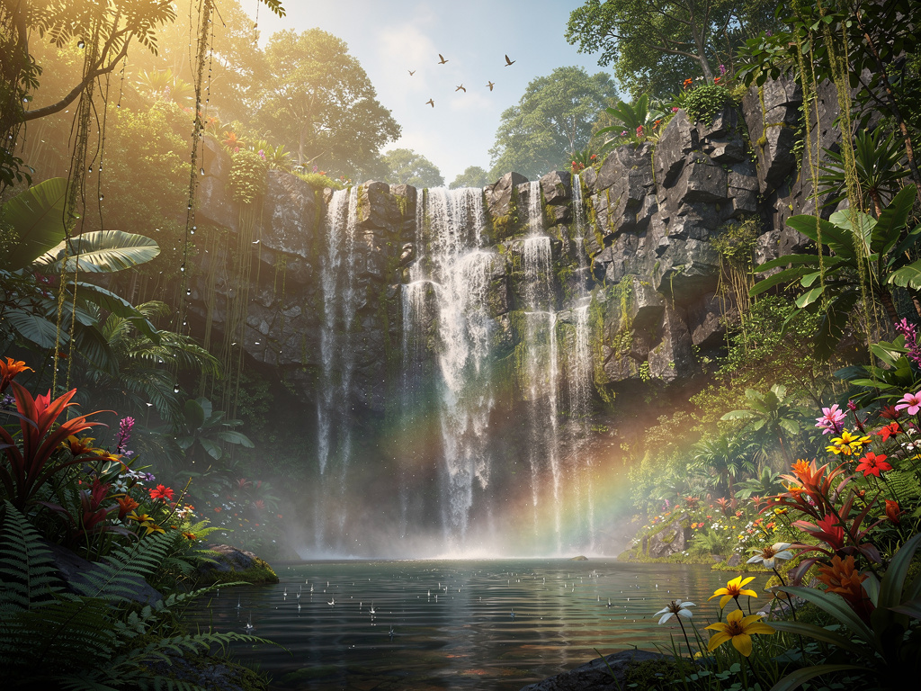 Uma menina tomando banho em uma cachoeira