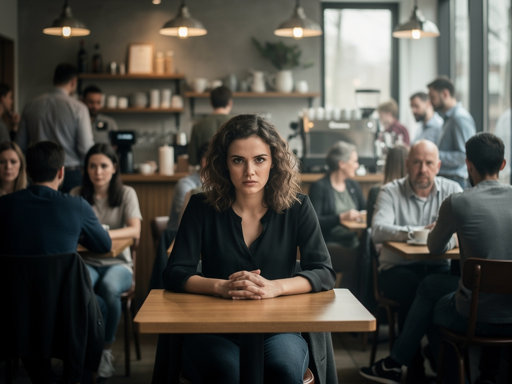Imagine if: You're sitting in a crowded café when you notice a woman sitting across from you, staring at you with an unnervin