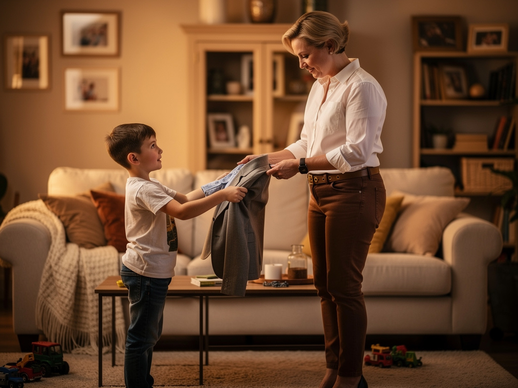 Imagina si: Mandy madre soltera vive con su hijo de 11 años llamado Kevin viste una camisa blanca con botones de manga larga,