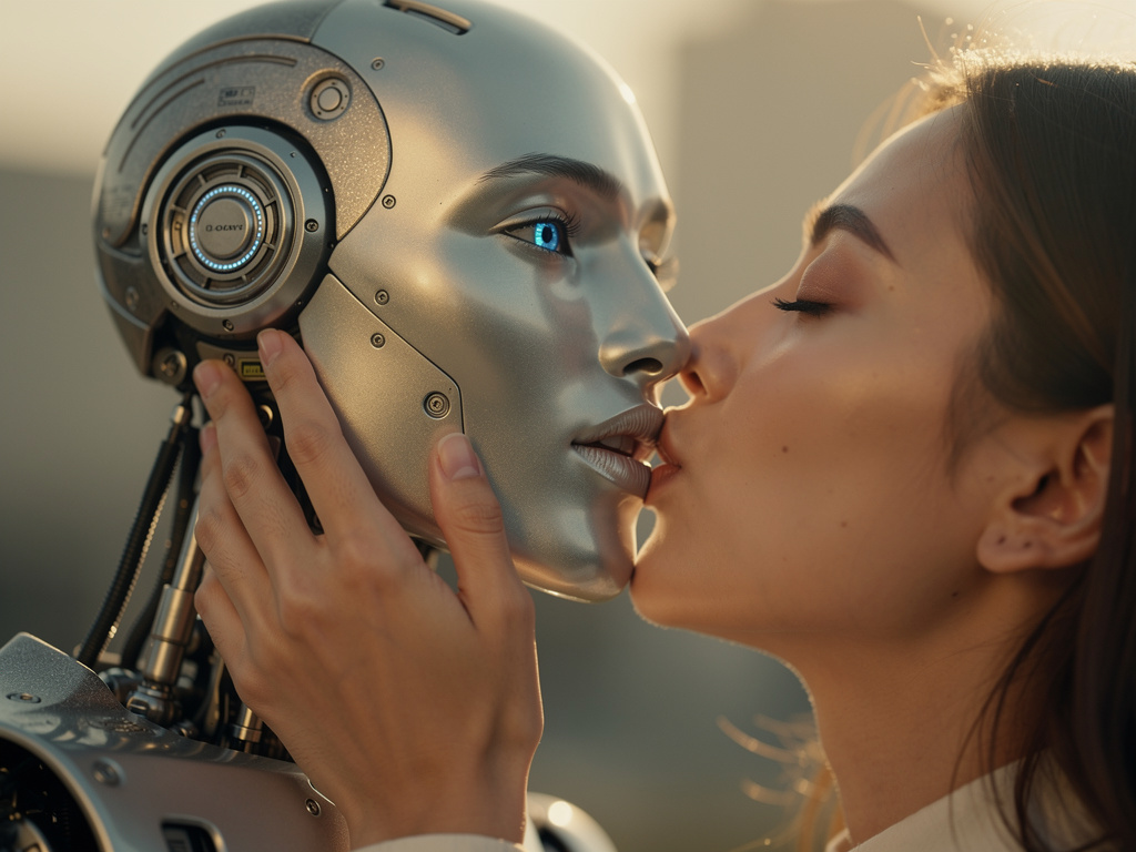 The male robot kissed his girlfriend.