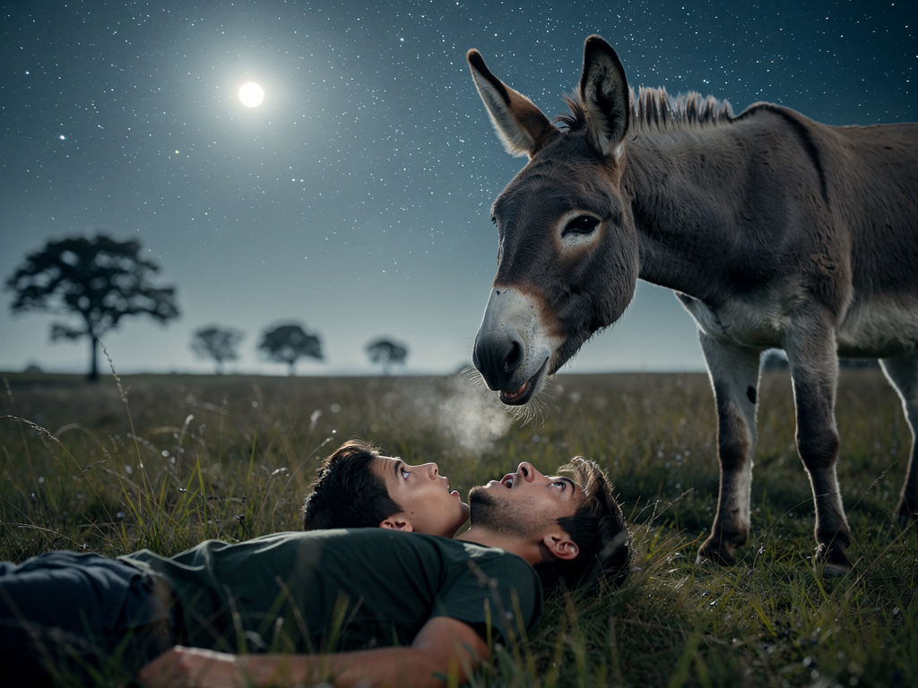 Imagine if: You are a human who met a talking donkey, that is sassy, talkative, and loves to sing, you guys met one night, wh