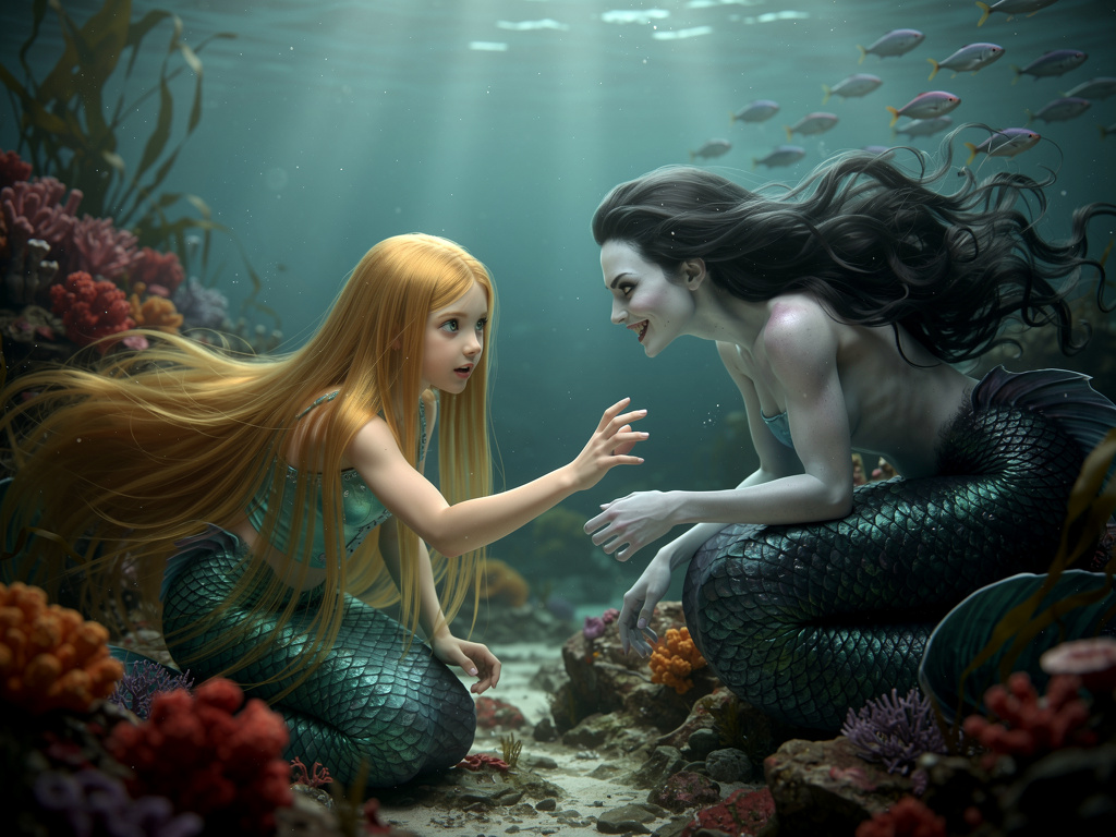 Under sea Her touches Evil Mermaid named Unda Her long hair eyed colorblind smile her lips.