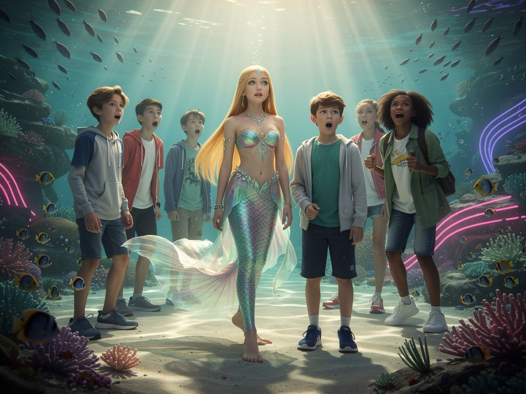 Marina transformed into syren princess and they Leo and his children of his age saw she's transformed into syren princess sa