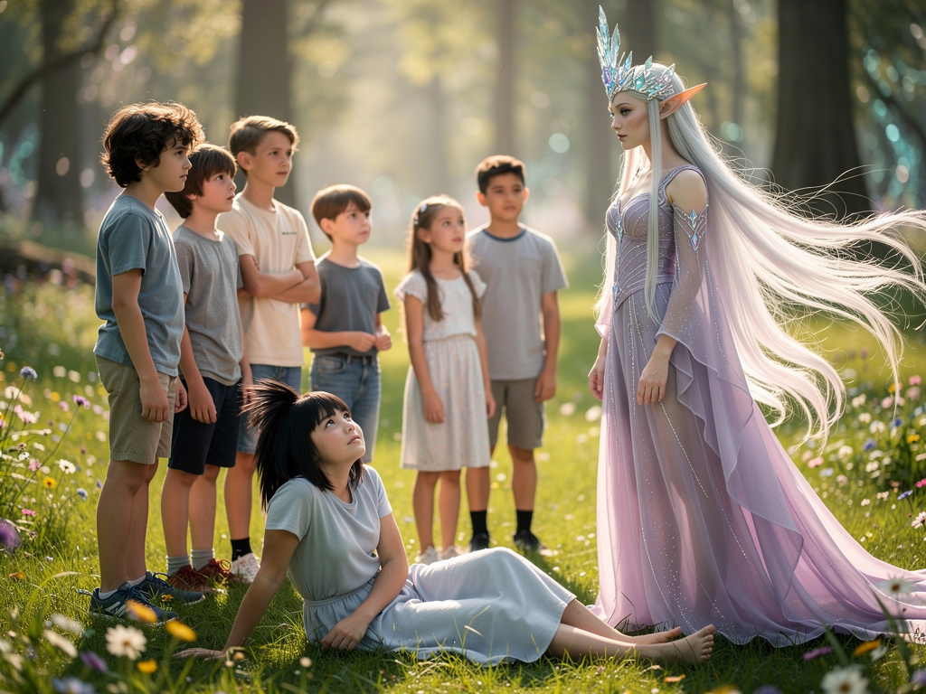 When Mai Li falls to the ground saw an elf named Aurel. She was wearing a light purple and pink lighter and her crown of Elf 