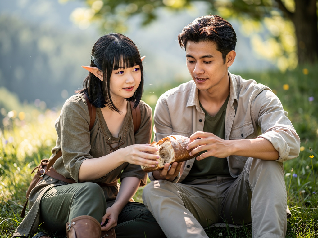 20 year old elf Mai Li  with her Purple eyes Kisses her Boyfriend  21 Year old Dillon Barksin Shares Bread.