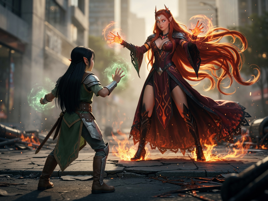 Elf Mai Li her long hair and magical spell against evil Fire queen Sintel with her long hair long Dress no Crown White Eyes F
