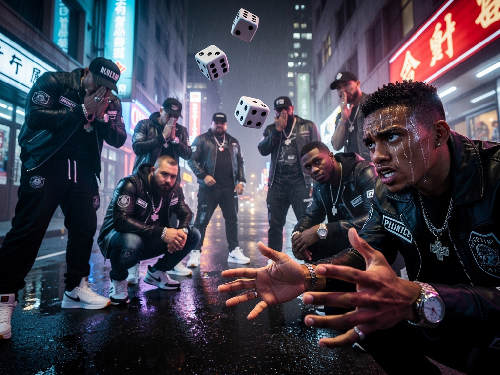 A gangster group playing dice game in the streets and they are wearing branded drip hustler clothing. 1 main character sweati