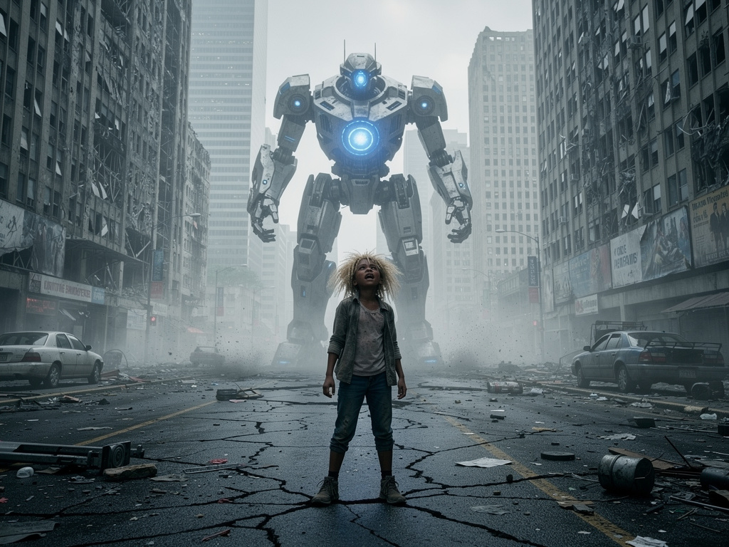 Imagina si: Una chica de piel negra con pelo rubio se encuentra con un robot gigante que la perseguirá.
