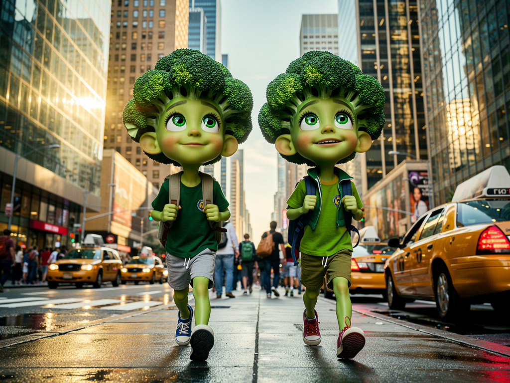 He gets on a plane, goes to New York, sees a broccoli boy that looks exactly like him. The new broccoli boy shows him around.